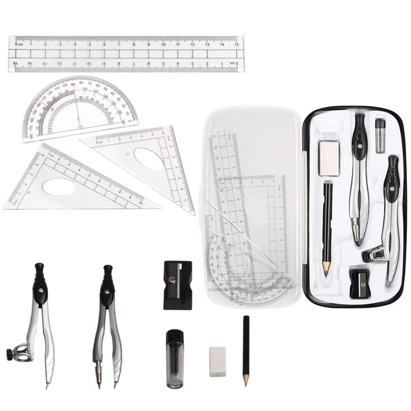 MHwan Maths Set, 10 Pcs Protractor Geometry Sets, Metal Compass