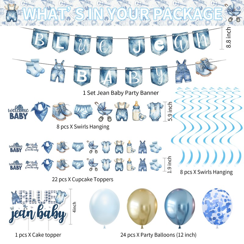 Owelleny Blue Jean Baby Shower Decorations Supplies Boy, Rustic Denim