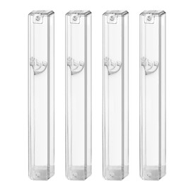 Ateret Judaica 4 Pack Waterproof Clear Transparent Plastic Mezuzah Case with shin Silver | Fit up to 5'' / 12 cm Mezuzah Scroll. Israeli Import | Easy Peel and Stick (Scroll Not Included)