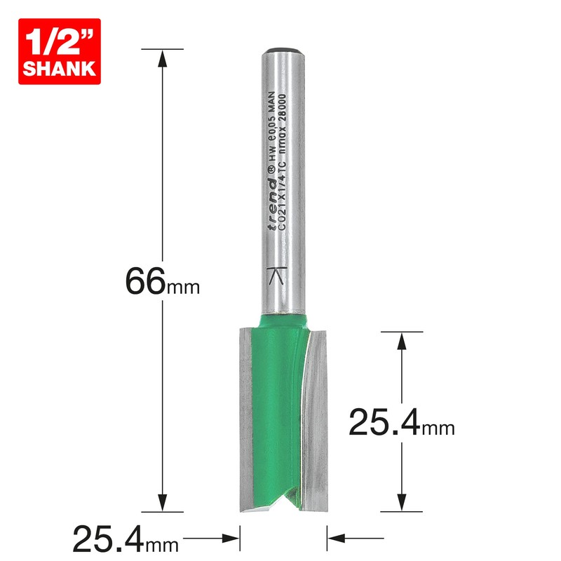 Trend CraftPro Straight Two Flute Router Cutter Bit, 1/4 Inch