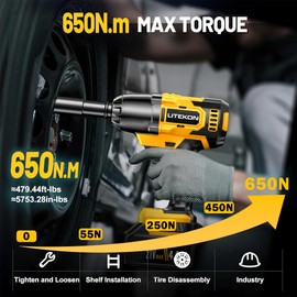LITEKON Cordless Impact Wrench, MAX 650N.M Brushless Impact Wrench Tool, 2000mAh Battery, Yellow