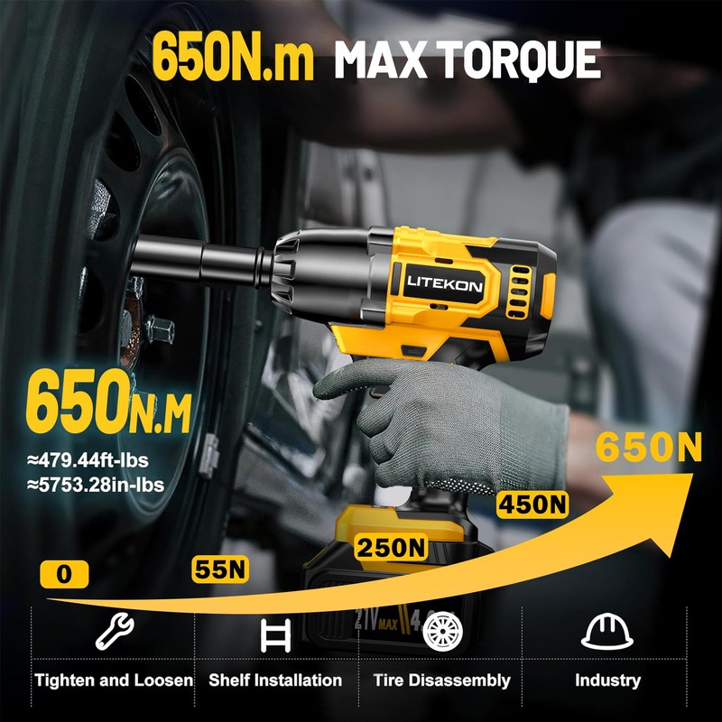 LITEKON Cordless Impact Wrench, MAX 650N.M Brushless Impact Wrench Tool,