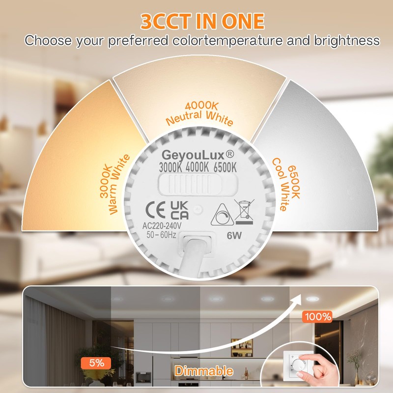 GeyouLux IP44 LED Downlights Dimmable 3000K Warm 4000K Neutral 6500K