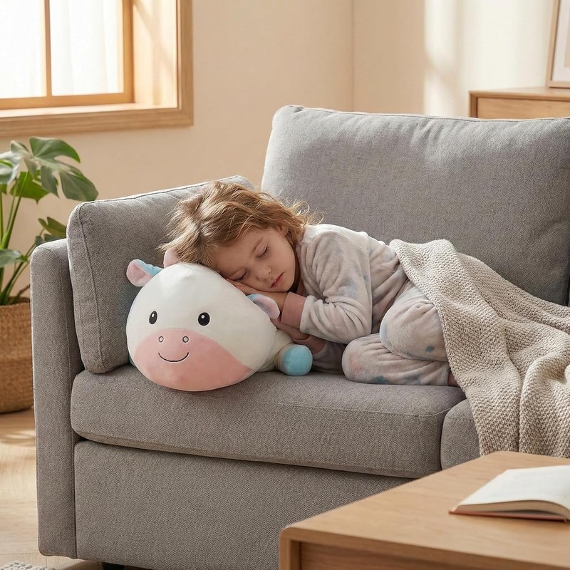 Kawaii Plush Cow Pillow – Soft Blue & White Stuffed
