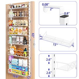 MIAOLI Over the Door Organizer, White 8-Tier Pantry Door Organizer with Adjustable Basket, Hanging Spice Rack Cabinet Door Shelves, Laundry Room Organization and Storage