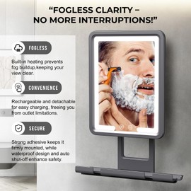 Rocollos Fogless Shower Mirror for Shaving, 3 Color LED Lighting Dimmable, Anti-Fog Heating in Minutes, 360° Bathroom Shower Mirror with Rechargeable 5000mAh Battery, Large Storage Shelf, Wiper-Black