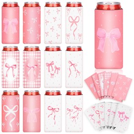 Bensbl 12 Pcs Pink Bow Ribbon Neoprene Slim Can Sleeves - Insulated Beer/Soda Coolers for 12oz Cans, Heat-Insulating for Women/Girls, Ideal for Weddings, Parties, Birthdays