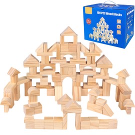AryiHitt 100 Pcs Kids Natural Colored Wood Building Block Toys Wooden Blocks Building Blocks for Toddlers Preschool Learning Toys Stacking Block Birthday Gifts for Toddlers