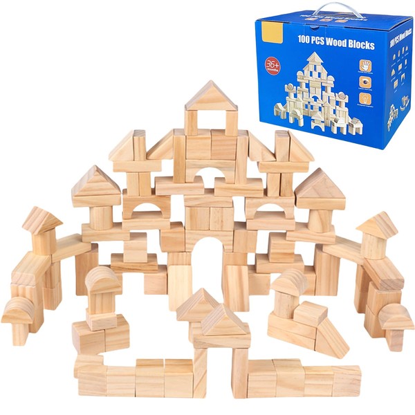 AryiHitt 100 Pcs Kids Natural Colored Wood Building Block Toys