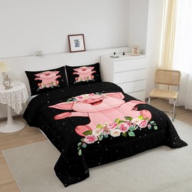Erosebridal Pink Pig Comforter Set for Girls Kawaii Room Decor Twin, Rose Floral Leaf Duvet Insert for Kids Boys Children Cute Farm Animal Quilt Cartoom Style Soft Lightweight Bedding Set 2 Pieces