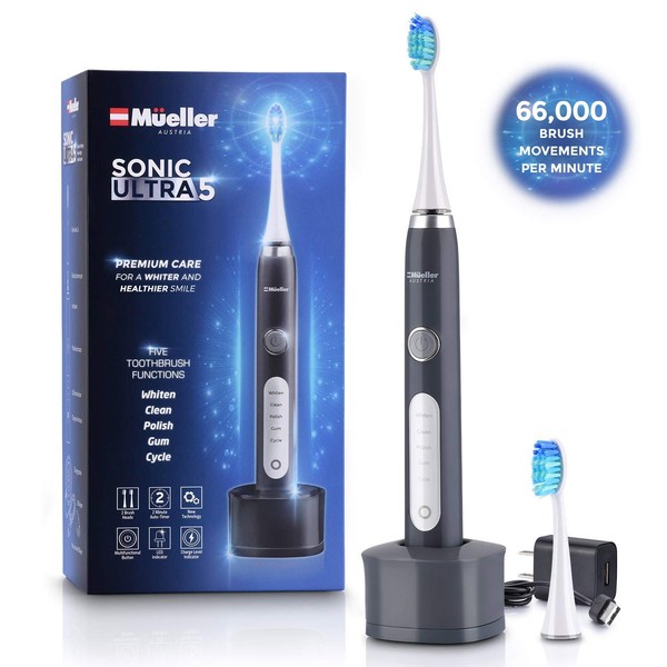 Mueller Sonic Rechargeable Electric Toothbrush with Dentist Recommended CrossClean Technology, Replacement Brush Heads, 5 Modes, IPX7 Fully Waterproof, Built-in Auto Timer 3D Cleaning Action (Grey)