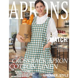 APRONNER Cozy Adjustable Cross Back Aprons for Women with Pockets Cotton Linen Cooking Kitchen Baking Green Grid