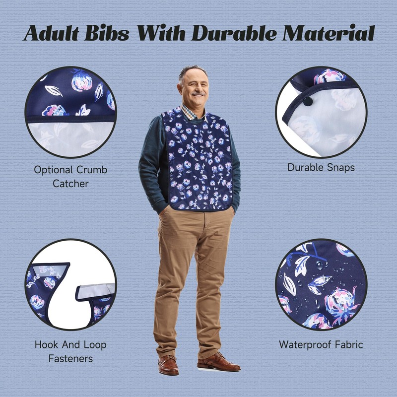 Adult Bibs - 3 Pcs Washable Clothing Protector with Crumb