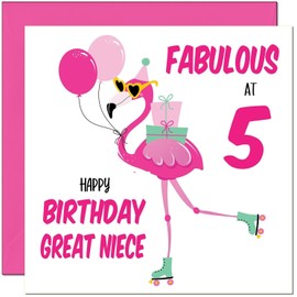 5th Great Niece Birthday Card - Fabulous Flamingo - Womens Pink Cute Great Nieces Birthday Card for 5 Year old Kids five, fifth