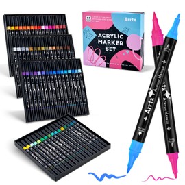 Arrtx Acrylic Paint Markers 64 Colors, Dual Tip Acrylic Paint Pens with Fine Tip and Brush Tip, Art Supplies for Rock Painting, Wood, Ceramic, Fabric, Glass, Card Making, DIY Crafts