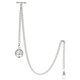 TREEWETO Pocket Watch Chain with T Bar End Piece Albert T-Bar Pocket Watch Chain with Antique Tree of Life Pendant and 2 Hooks for Vest Buttonhole, silver, Classic