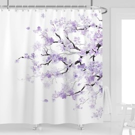 Kikiry Purple Cherry Shower Curtain Lilac 72''W x 72''L Long Wide Large Standard Spring Sakura Floral Plum Blossom Flowers Japanese Asian Bathroom Plant Leaves Polyester Fabric 12 Pack Plastic Hooks