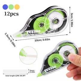 Yoosso 12er Pack Korrekturroller, 12m x 5mm Korrekturbänder Set Korrekturmaus Mini mit Schutzkappe Korrektur Tape für Kinder Zuhause Büro Schulsachen (Gelb&Blau&Grün)