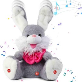 Children's Day Gift Talking Bunny Repeats What You Say Peek-A-Boo Toy - Soft Plush 11.8 Inches with Volume Adjustable, Singing Features & Interactive Buttons:_Grey