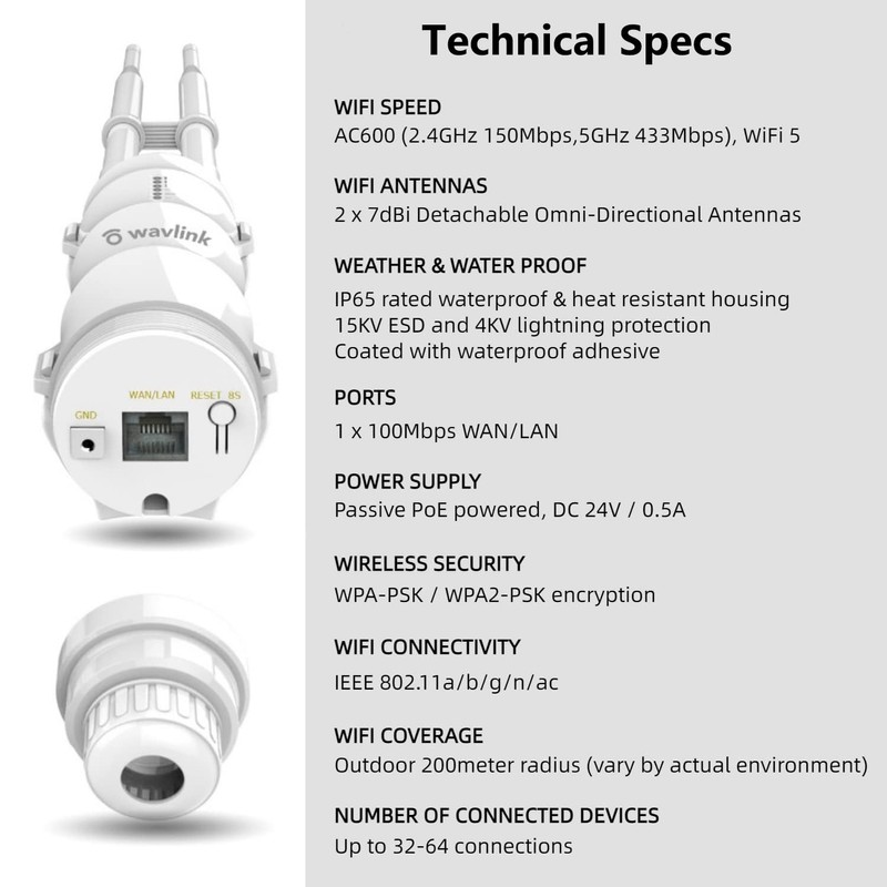 WAVLINK Weatherproof AC600 Outdoor Access Point/WiFi Range Extender/WiFi Repeater/Router, 2.4G