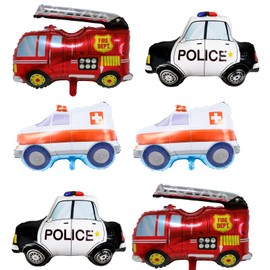 6PCS Rescue Vehicle Foil Balloons Set Fire Truck Ambulance & Police Car Balloons for Kids Birthday Party Baby Shower Firefighter & Rescue Theme Decorations 32 Inch Metallic Red/White/Black