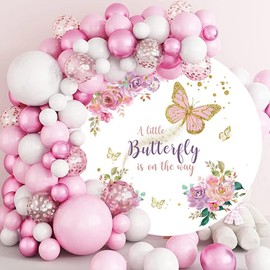 OERJU 6.5x6.5ft Butterfly Round Backdrop Cover A Little Butterfly is On The Way Watercolor Flowers Photography Background Baby Shower Girls Princess Birthday Party Banner Supplies Photo Studio Props