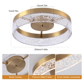 Jaycomey Modern LED Ceiling Light Fixture, 11.65" Flush Mount Kitchen Lighting Gold with Clear Seeded Acrylic Lampshade,Round Ceiling Lamp Lights for Hallway Dining Room