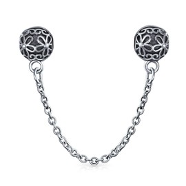Double Daisy Safety Chain Floral Bouquet Clasp Stopper Bead Charm For Women .925 Sterling Silver Fits European Bracelet