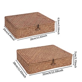 Moosky Flat Wicker Shelf Baskets with Lid, Handwoven Seagrass Basket Boxes for Storage Baskets Bins Home Decor Organizer (Coffee Set of 2)