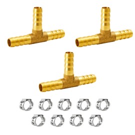 NICOLEKAY 3/16" Brass Barb Tee Fittings T-Shaped 3 Ways Union Hose Barb Pipe Fitting with 9pcs Stainless Steel Pipe Clamp for Water/Fuel/Air (Pack of 3)