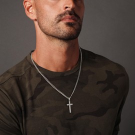 Silver Cross Necklaces for Men - 16 Inch Silver Mens Cross Necklaces Silver Chain Cross Necklace for Men Boys Stainless Steel Cross Necklace for Men Cuban Chain Cross Pendant Necklace Mens Jewelry