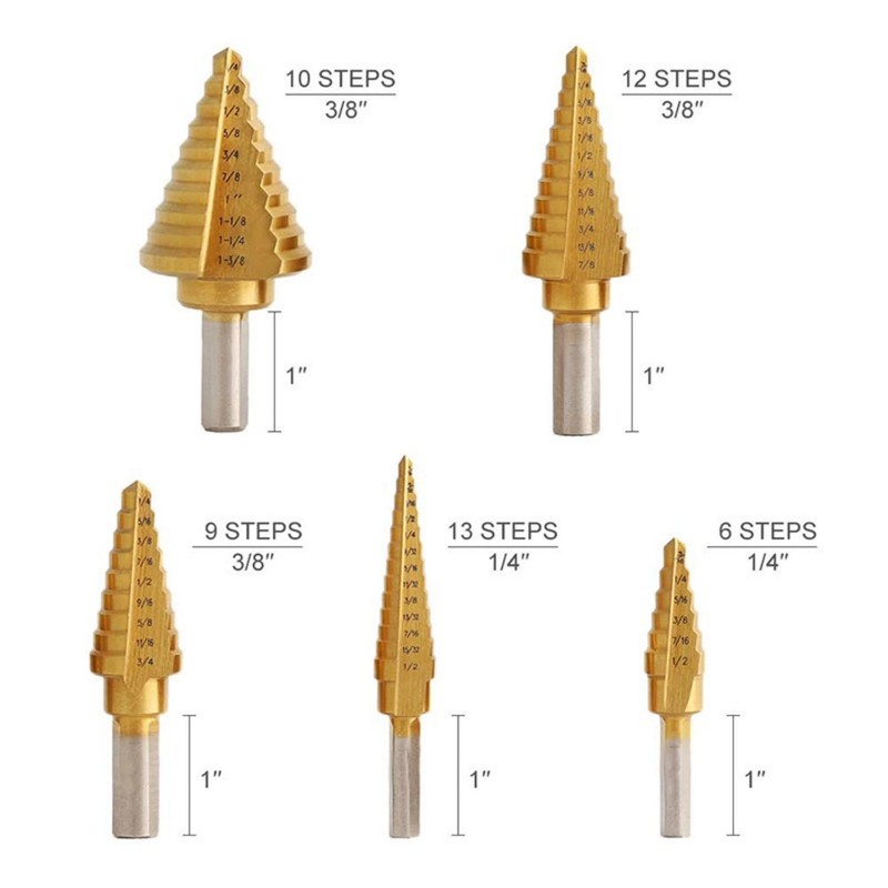5PCS Titanium Step Drill Bit Set with 1 Automatic Center
