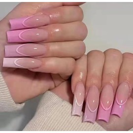 Long Coffin French Tip Press-On Nails - Pink Glossy Salon Finish, Easy Application, Reuasable False Nails for Stylish Manicure.