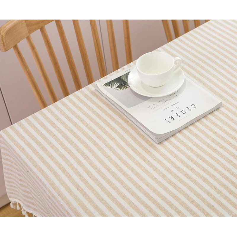 Plenmor Cotton Linen Table Cloth Stripe Tassel Rectangle Tablecloth Dust-Proof