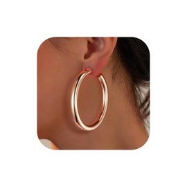Rose Gold Chunky Hoop Earrings for Women- 14K Rose Gold Plated Lightweight Chunky Thick 60MM Large Open Rose Gold Hoops Earrings for Women Trendy Jewelry Gifts