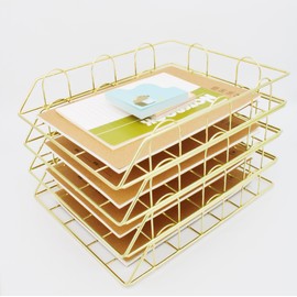 JIARI 4 Pack Desk Organizer Stackable Letter Tray Paper Organizer, Metal Desk Organizer Tray for Letter/A4 Paper Storage, for Office Supplies (Gold 4 Pack)