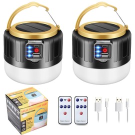 2 Piezas Lampara Camping Recargable, Farol Campaña Impermeable IPX6 para Emergencia,Linterna de Camping Solar Portátil con 4 Modos Iluminación,USB Recargable, para Camping, Pesca, Senderismo (Negro)