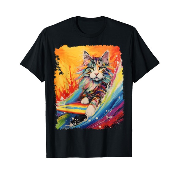 Paddle Board Pop Art Maine Coon Surfing Cat T-Shirt
