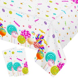 HOGUSSTA Candy Land Plastic Table Cover Candyland Decorations Candy Party Decorations Tablecloths Disposable Lollipop Candy Table Covers for Baby Shower Dessert Time Two Sweet Party Decorations 2 Pack