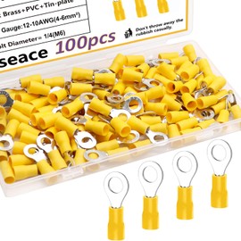 smseace 100pcs #10(M5) Terminales de anillo aislado Conector de cable tipo O amarillo Terminal de crimpado eléctrico AWG 12-10 Kit de surtido de conectores RV5.5-5
