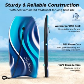 GYMAX Boogie Boards for Beach, 33"/37"/41" Body Board with EPS Foam Core, Crescent Tail, Dual Channel & Wrist Leash, Lightweight Bodyboard for Kids, Youth, Adults (Blue Wave, 37)