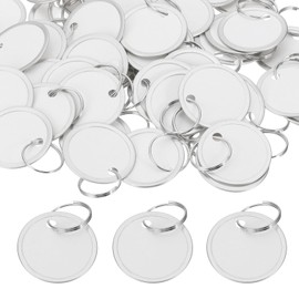 PATIKIL 1.2 Inch Metal Rim Key Tags 100 Pack Blank Round Paper Tags Bulk Writable Keychain Identifiers with Split Rings for Car Door Drawer Key Luggage Pet, Silver/White