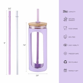 Kodrine 20oz Glass Water Tumble with Straw and Lid, Bamboo Lids Water Bottle, Iced Coffee Cup Reusable, Wide Mouth Smoothie Cups, Straw Silicone Protective Sleeve BPA FREE-Purple