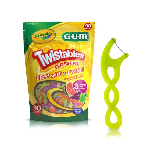 GUM Twistables Kids Flossers with Fluoride - Designed for Little Hands - Three Fun Fruit Flavors - Easy to Use Kids Floss Picks for Children Ages 3+, 90 Count