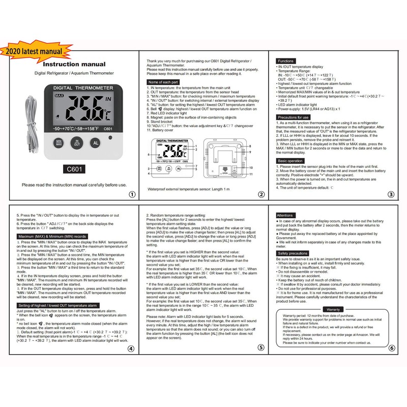 Fridge Freezer Thermometer Max/Min Memory LXSZRPH High & Low Temperature