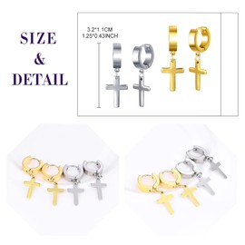 Feilok 2 Pairs Stainless Steel Cross Huggie Hoop Mens Stud Earrings Set Piecing Jewellery for Women unisex silver gold