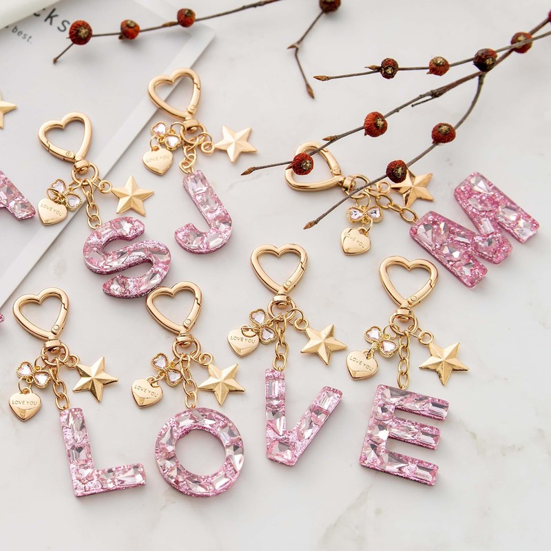 CHUQING Letter L Keychain Pink Initial Keyring Purse Charm for