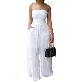 Tcremisa Women's Sexy Strapless Tube Jumpsuit Flowy Sleeveless Off Shoulder Wide Leg One Piece Ruffle Jumpsuits