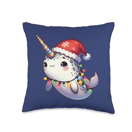 Santa Hat Christmas Fairy Lights Narwhal Throw Pillow