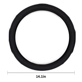 QianBao Genuine Leather Car Steering Wheel Cover Black for 13.5 to 14.2 inches Steering Wheels, Sweat Absorbent (Black)